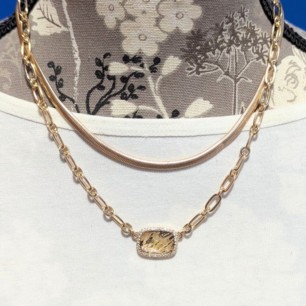 Anne Klein 2 Strand Gold Tone Necklace w/Mother of Pearl-type Stone/Statement!